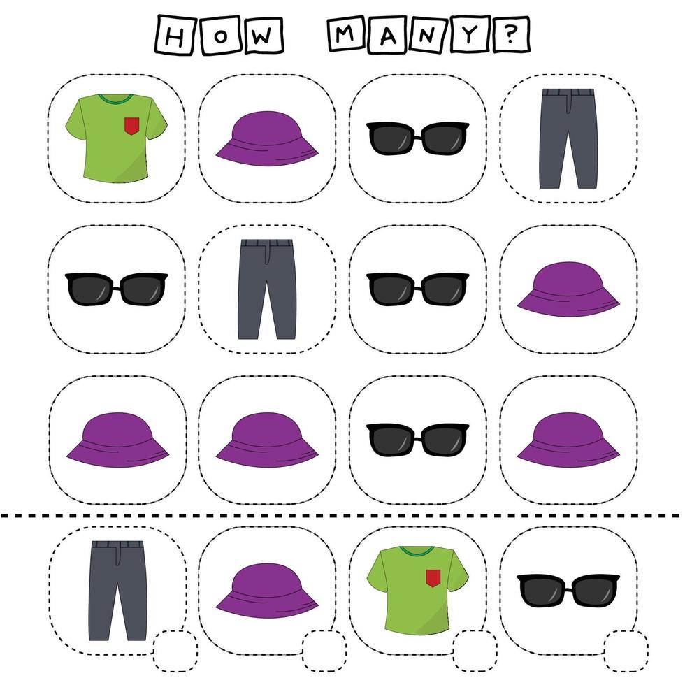 How many counting game with  t-shirt, sunglasses, pants, panama. Preschool worksheet, kids activity sheet, printable worksheet vector