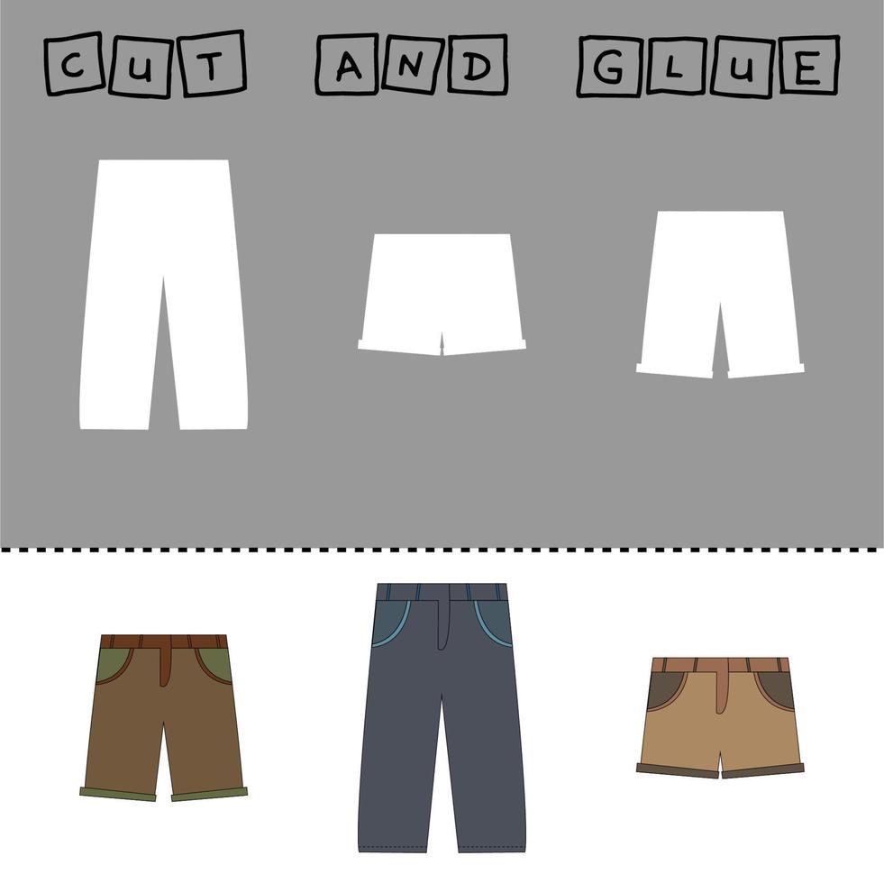 worksheet vector design, the task is to cut and glue a piece on  pants, shorts, breeches.  Logic game for children.