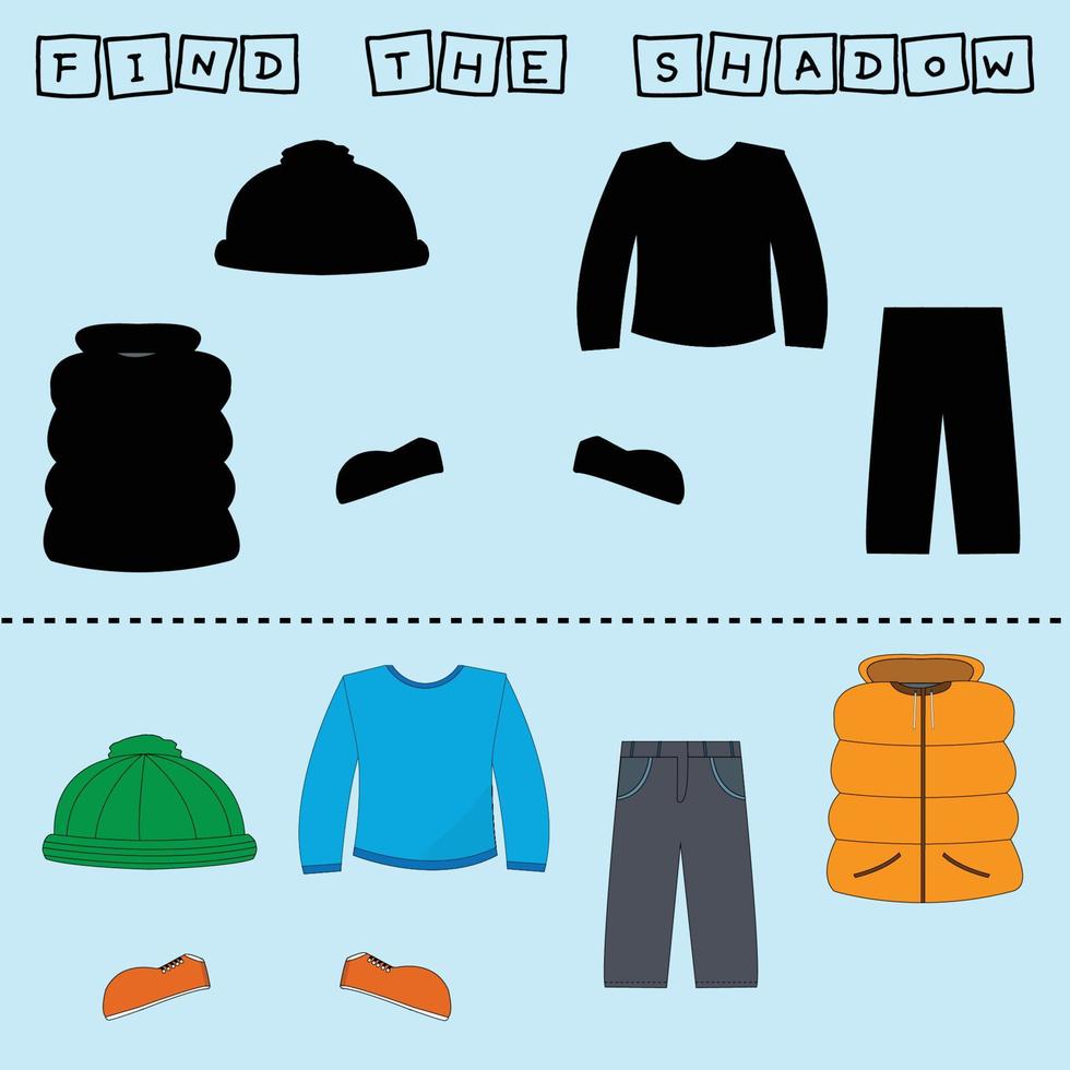 desarrollando actividades para niños, encuentre un par entre idénticos de ropa chaleco, pantalones, manga larga, sombrero, zapatillas de deporte. juego de lógica para niños. vector