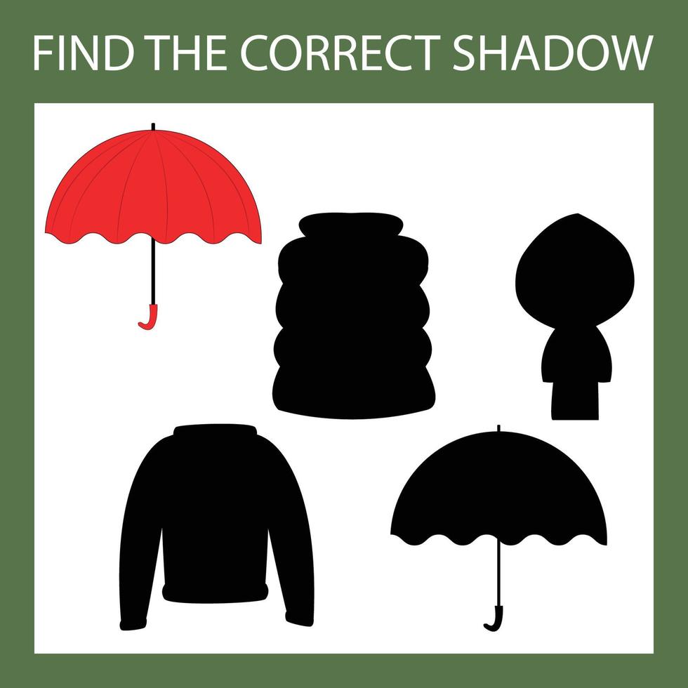 Find correct shadow with clothes, umbrella.  Kids educational game. vector