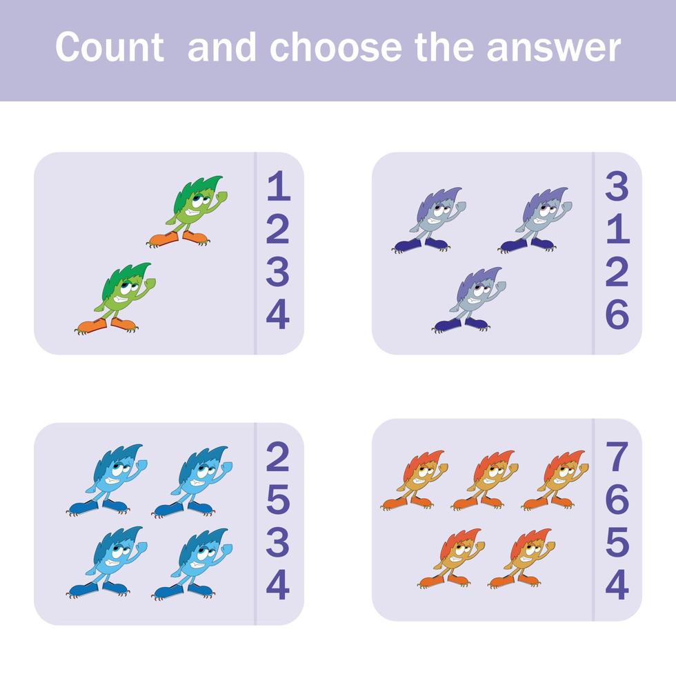 Counting Game for Preschool Children.  Count how many  monsters vector