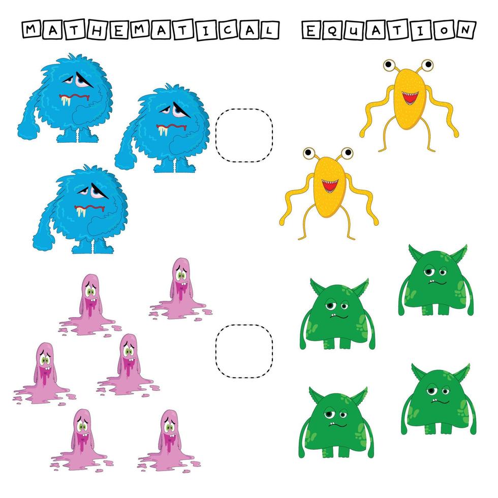 Developing activities for children, compare which more monsters. Logic game for children, mathematical inequalities. vector