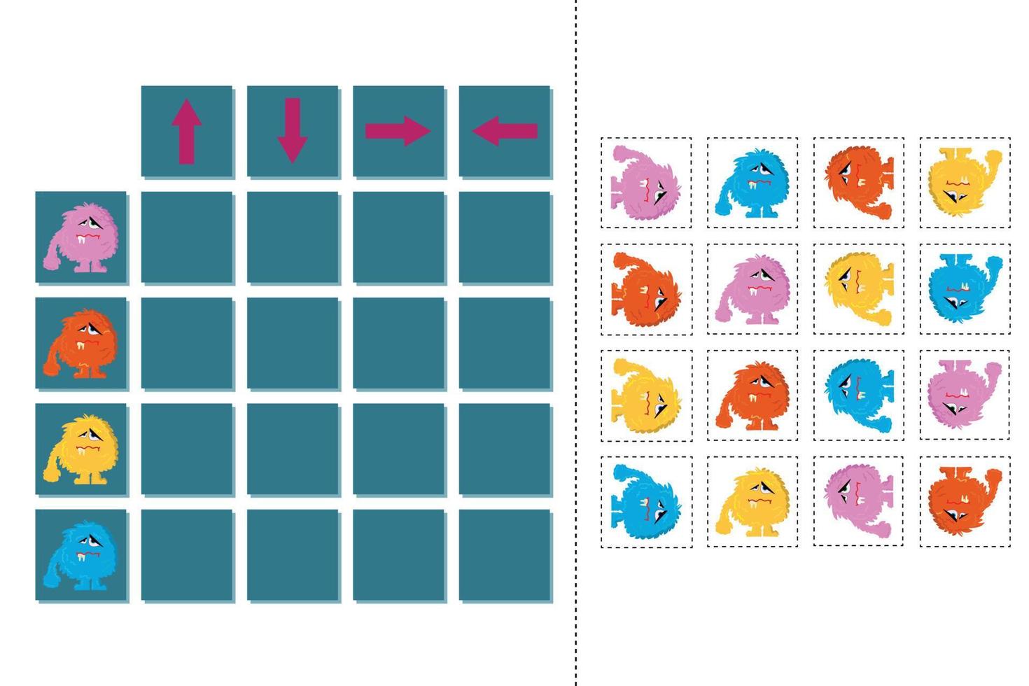 Match cartoon monsters and directions up, down, left and right. vector