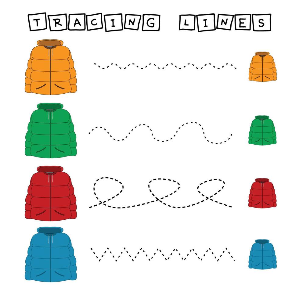 Trace line worksheet with  felt coat  for kids, practicing fine motor skills.  Educational game for preschool children. vector