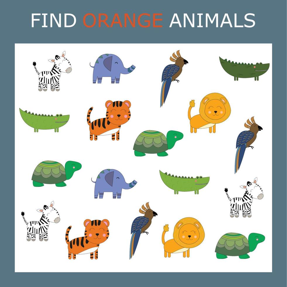 actividad educativa para niños, encuentra el animal naranja entre los coloridos. juego de lógica para niños. vector