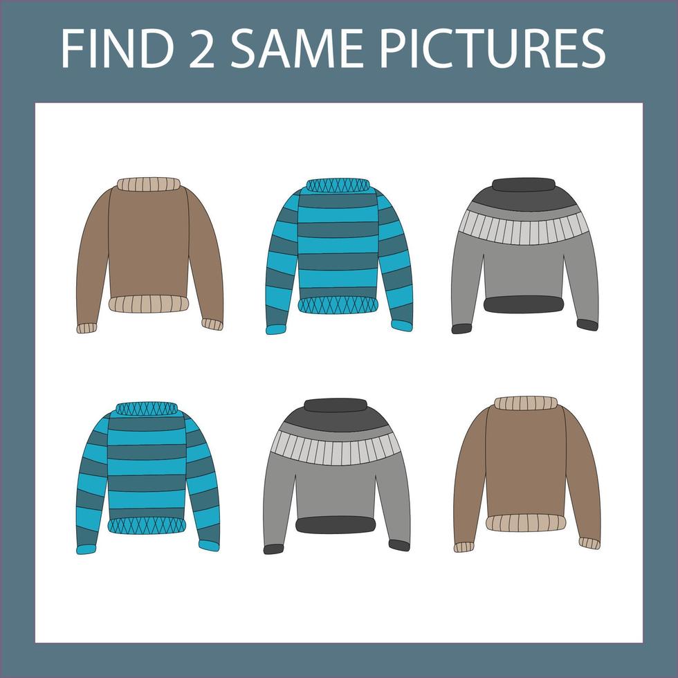 Find a pair game with  sweaters.  Worksheet for preschool kids, kids activity sheet, printable worksheet vector