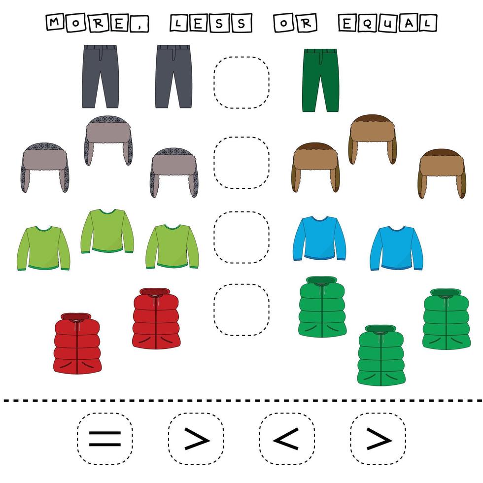 Desarrollo de actividades para niños, comparar que más ropa. juego de lógica para niños, desigualdades matemáticas. vector