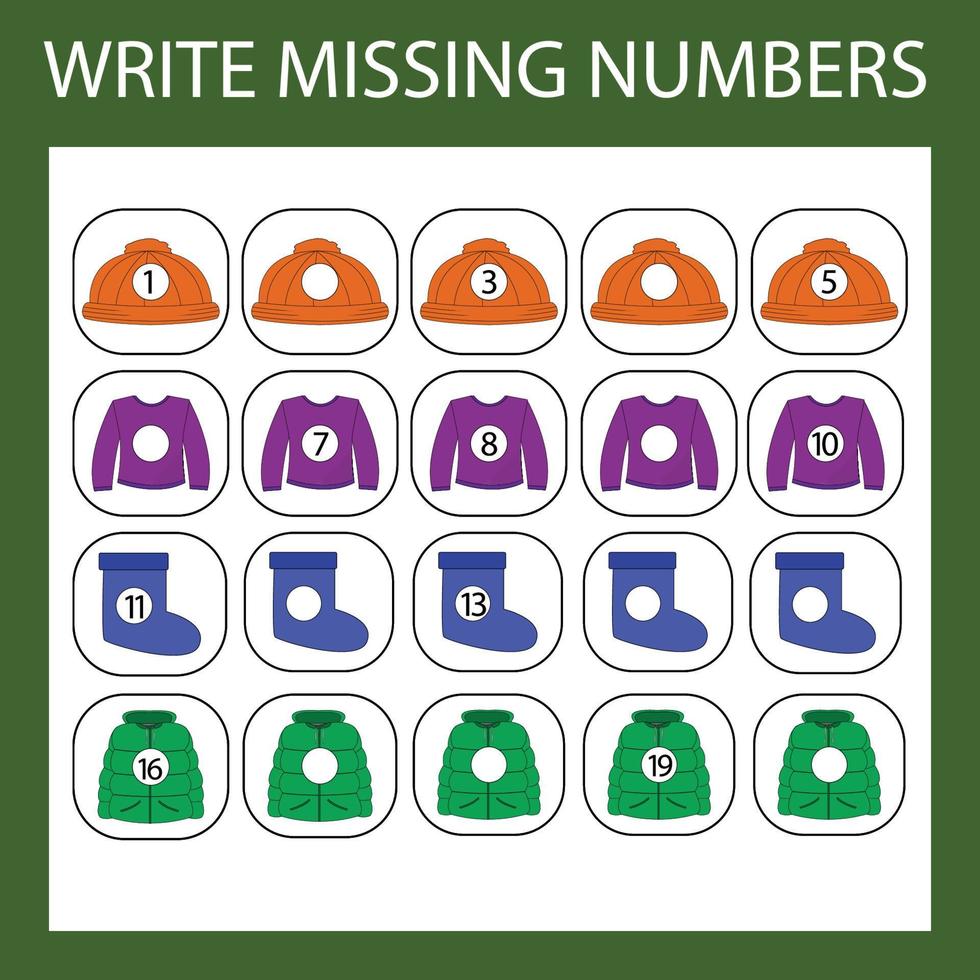 The task is to write in the lost numbers from 1 to 20. Educational exercises for preschool children vector