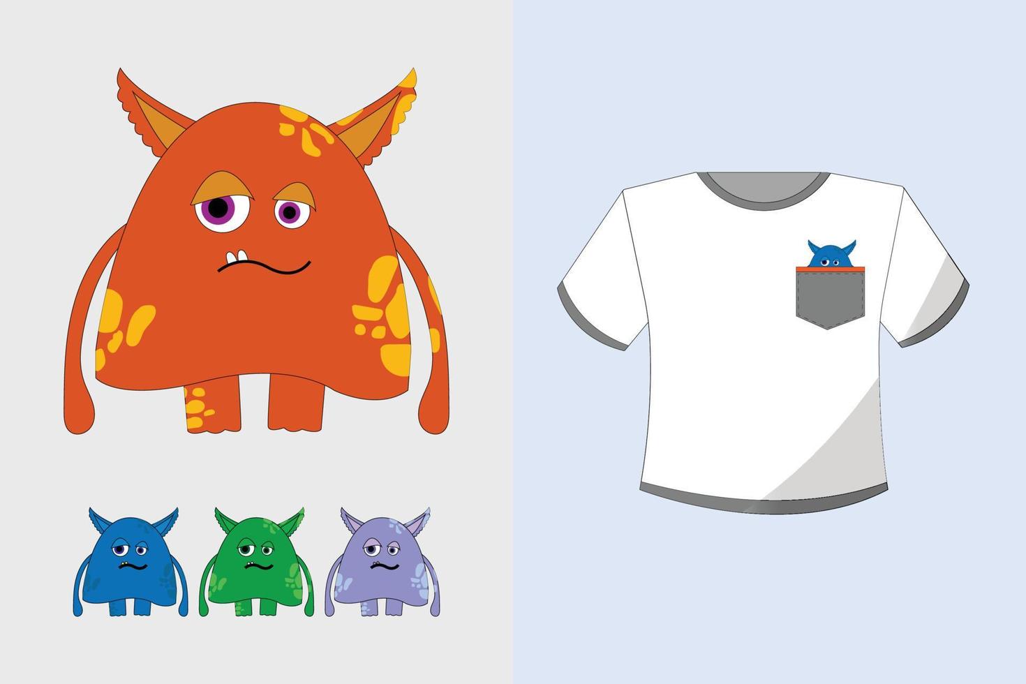 Bright white T shirt with a pocket and a monster print in various colors on a plain background vector
