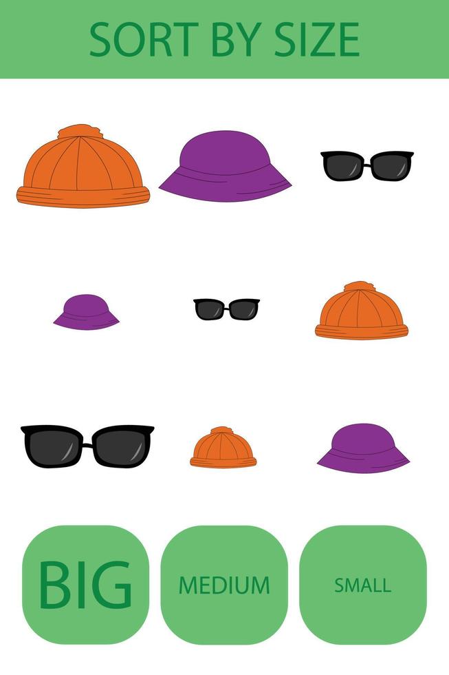 Match the panama, hat, singlasses by size large, medium and small. Children's educational game. vector