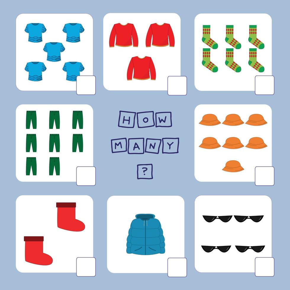 How many counting game with clothes. Preschool worksheet, kids activity sheet, printable worksheet vector