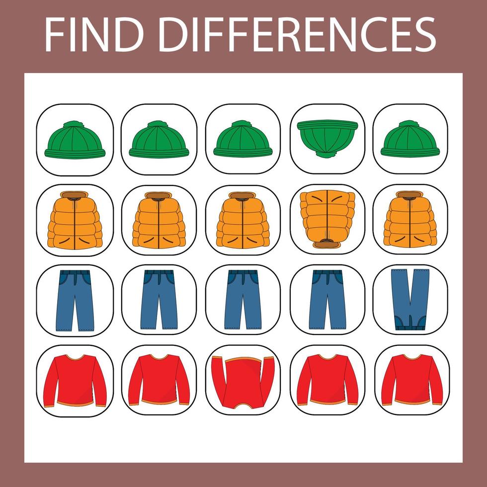 actividad de desarrollo para niños: encuentre la diferencia. juego de lógica para niños. encontrar un sombrero extra, abrigo, pantalones, manga larga vector