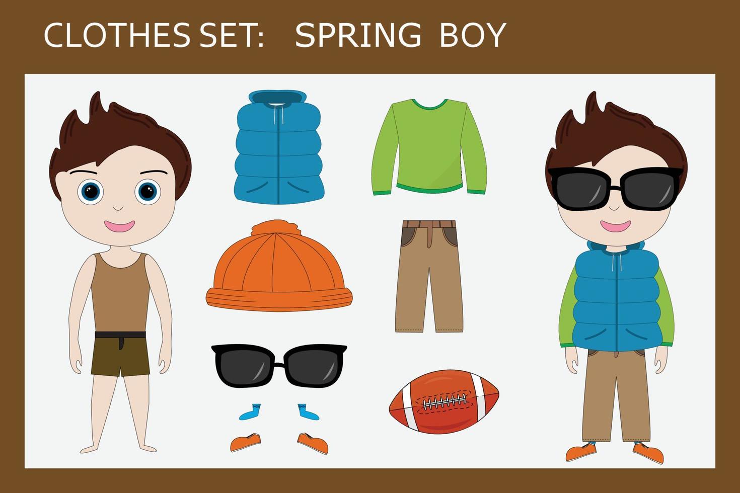 un conjunto de ropa para un niño alegre para suéter de primavera, pantalones, chaleco, sombrero, zapatillas, gafas de sol. traje para un niño en la primavera vector