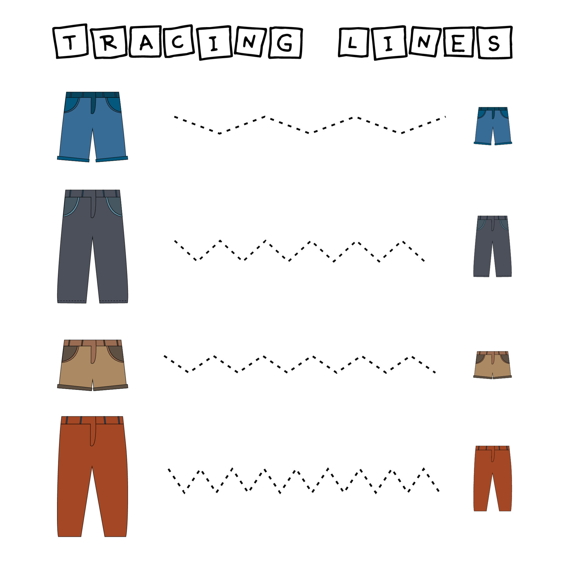 Trace line worksheet with short, pants for kids, practicing fine motor