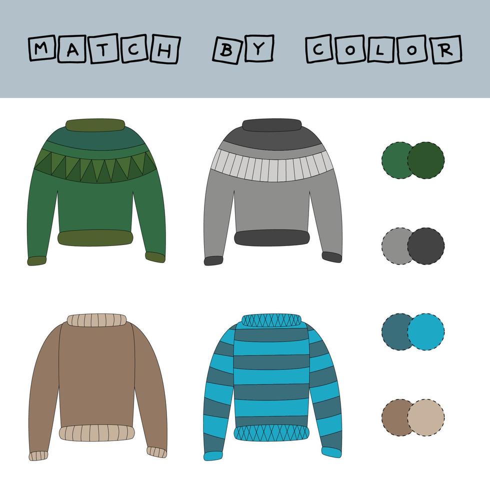 Connect the name of the color and the character of the sweater. Logic game for children. vector