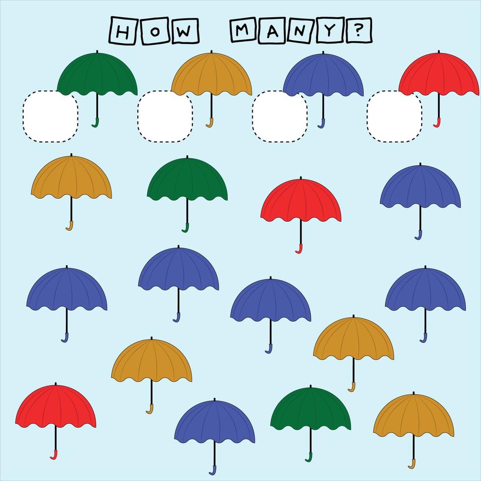 How many counting game with umbrella. Worksheet for preschool kids, kids activity sheet, printable worksheet vector