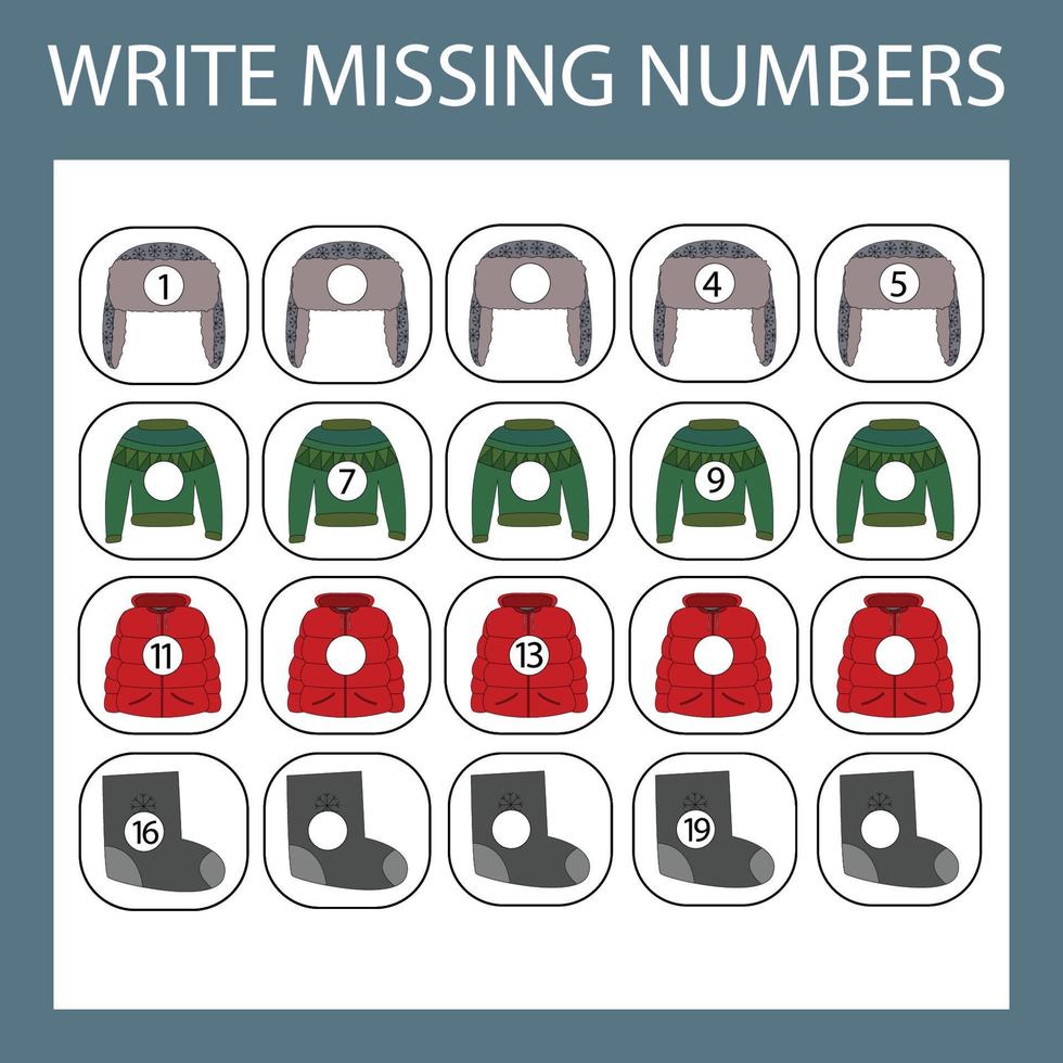 la tarea es escribir los números perdidos del 1 al 20. ejercicios educativos para niños en edad preescolar vector