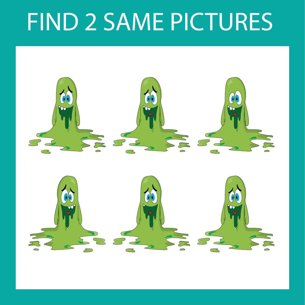 Find a pair game with funny  green  monsters.  Worksheet for preschool kids, kids activity sheet, printable worksheet vector