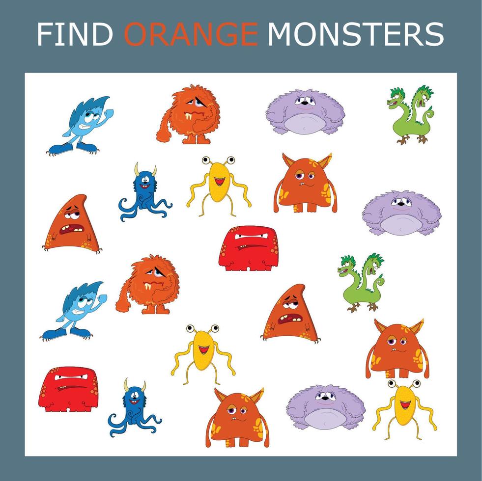 Find the  orange monster character among others. Looking for orange. Logic game for children. vector