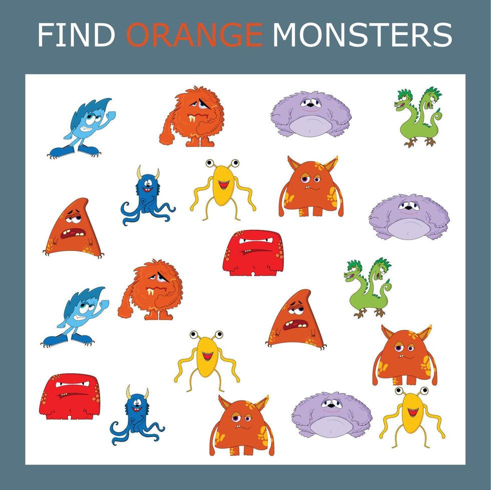 encuentra el personaje del monstruo naranja entre otros. buscando naranja. juego de lógica para niños. vector