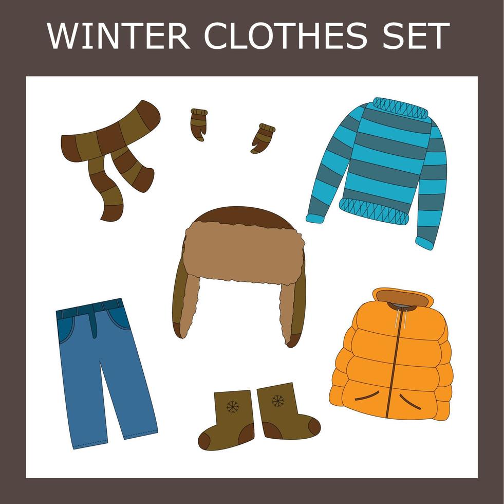 ropa de invierno para niños para un niño de fondo blanco. colección de ropa de clima frío para niños ilustración vectorial vector