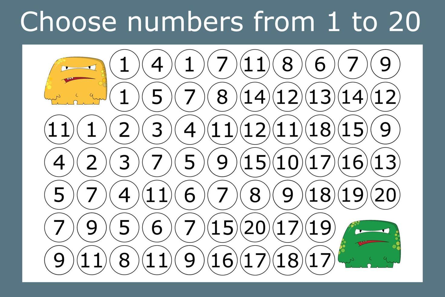 The task is to go through a maze of numbers from 1 to 20. Educational exercises for preschool children vector