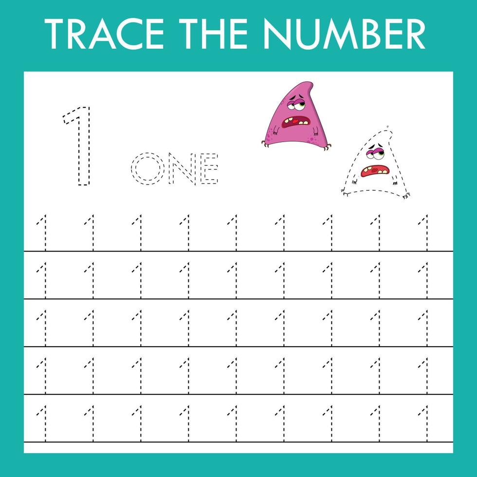 Number one  stroke worksheet with monsters for fine motor skills kids. Educational game for preschoolers. vector