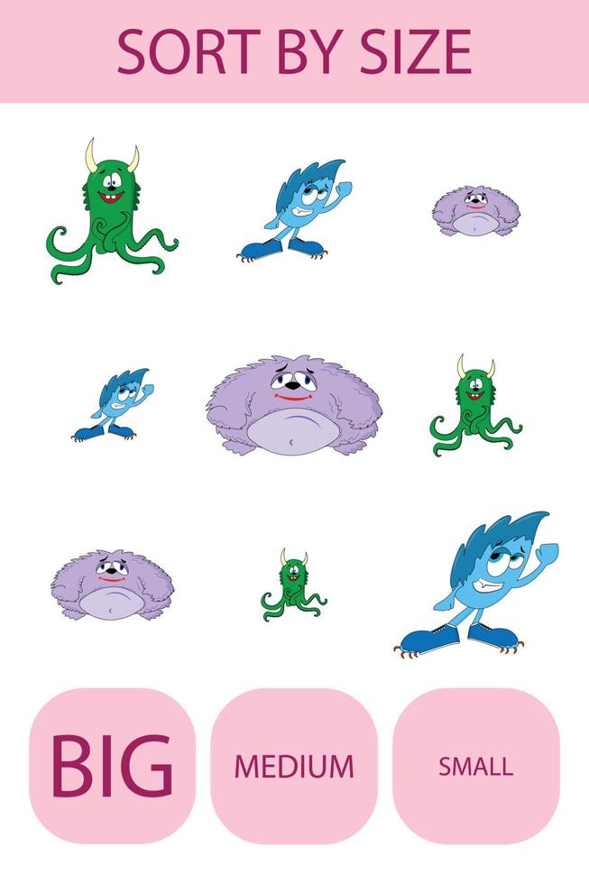 Match the toys  monsters by size large, medium and small. Children's educational game. vector