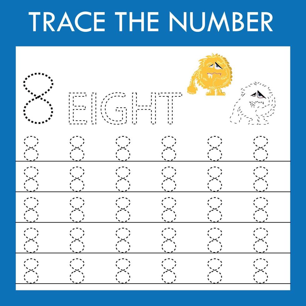 Number eight  stroke worksheet with monsters for fine motor skills kids. Educational game for preschoolers. vector