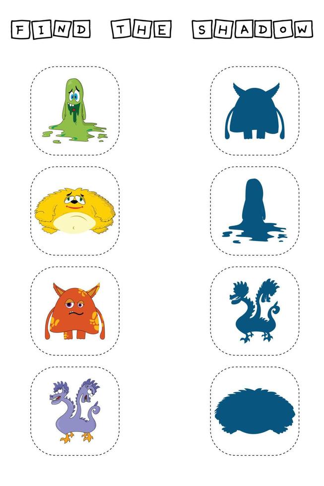 Find a pair or shadow  game with funny monsters. vector