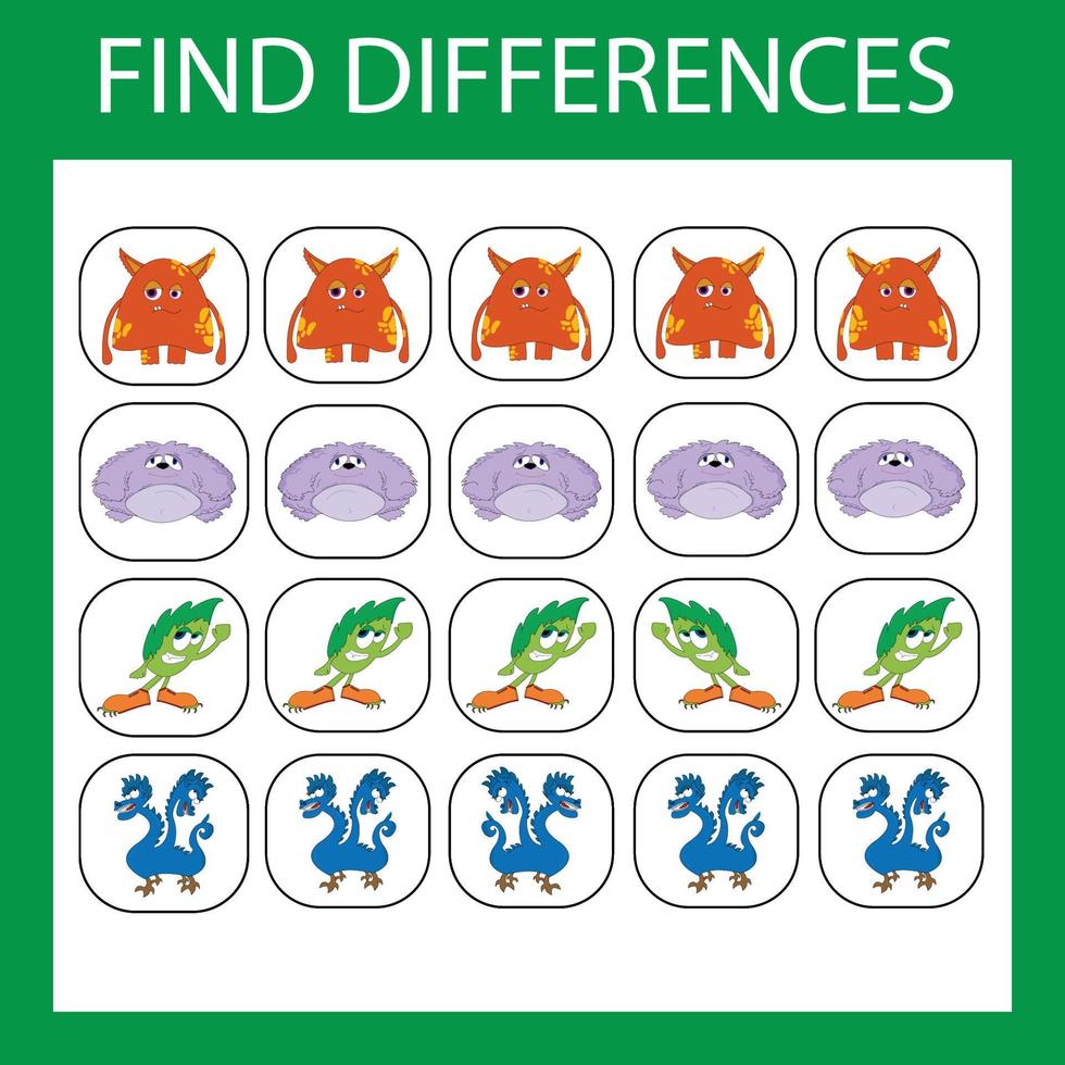 Educational game for children. Find all monsters are different from others in the row and circle them vector