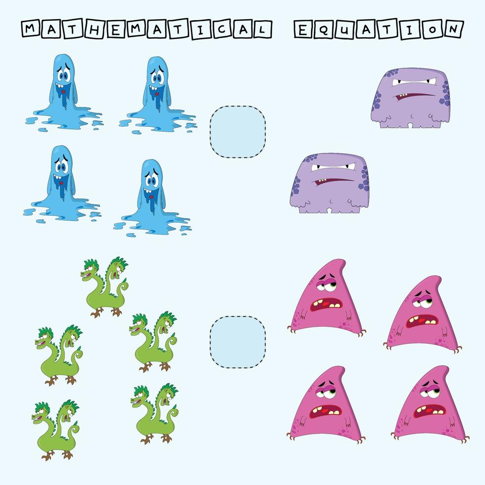 Developing activities for children, compare which more monsters. Logic game for children, mathematical inequalities. vector