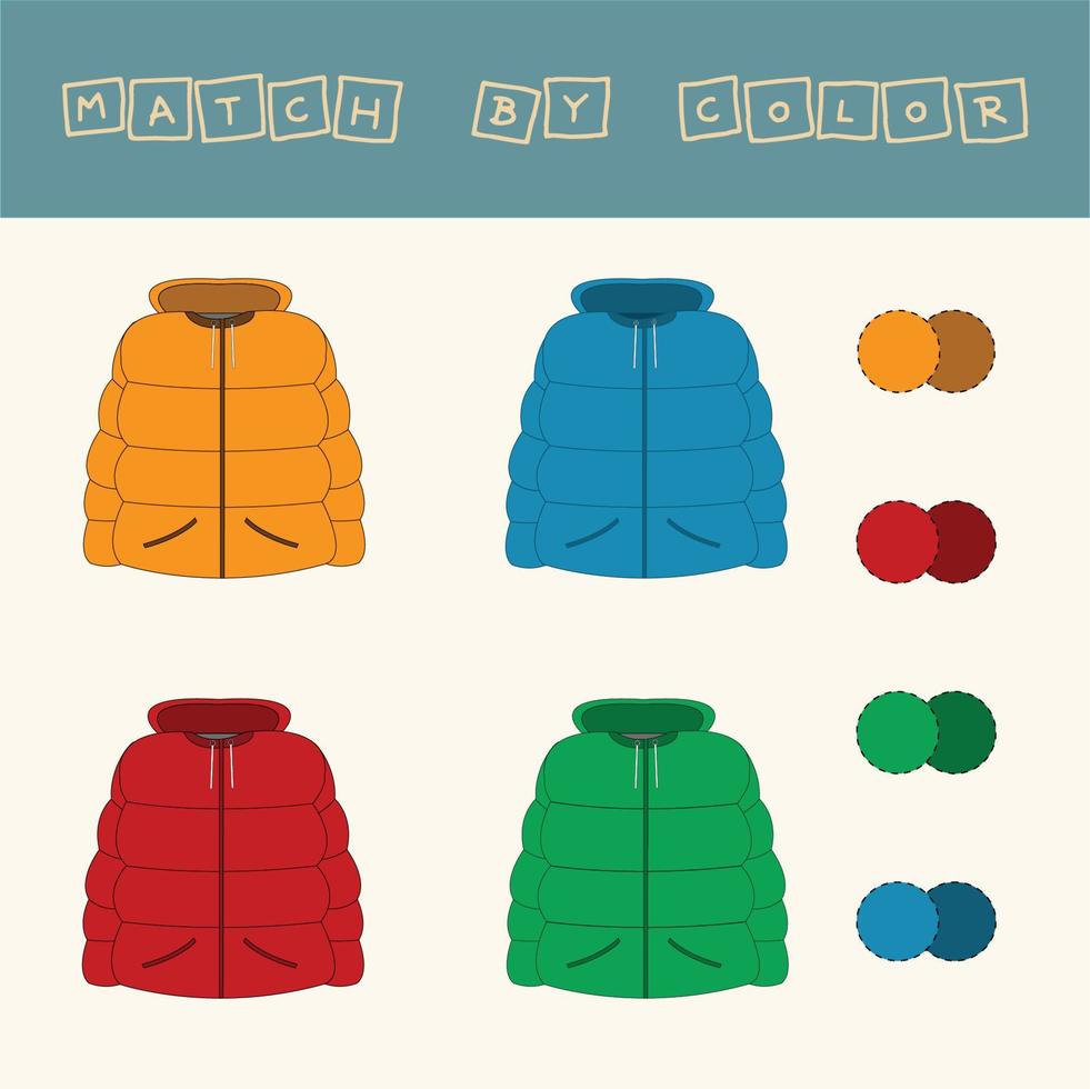 Connect the name of the color and the character of the coat. Logic game for children. vector