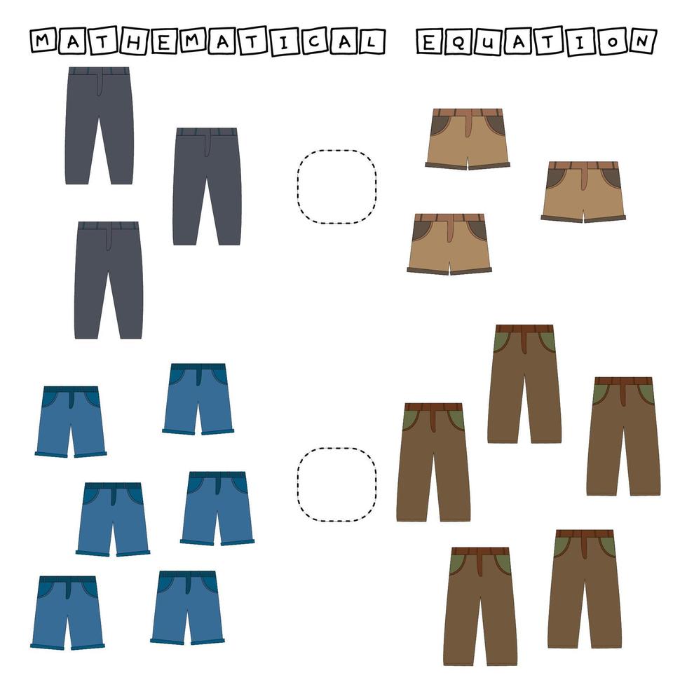 Developing activities for children, compare which more short and pants.  Logic game for children, mathematical inequalities. vector