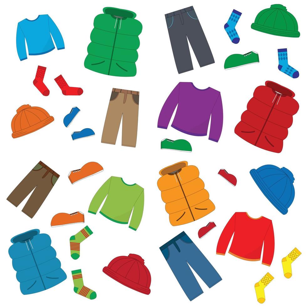 un conjunto de ropa para un niño pequeño para suéter de primavera, pantalones, chaleco, sombrero, zapatillas, gafas de sol. traje para un niño en la primavera vector