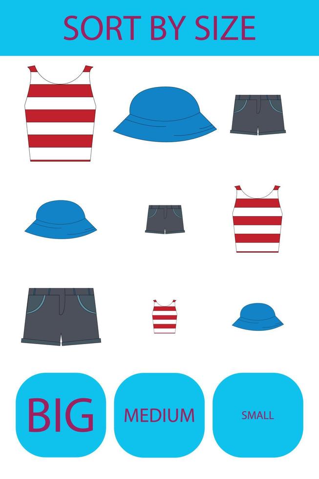 Match the clothes by size large, medium and small. Children's educational game. vector