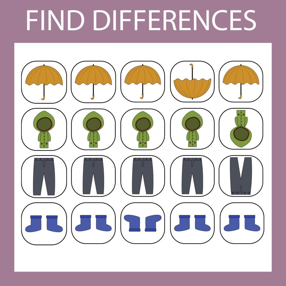 Developing activity for children - find the difference. Logic game for children. Find an extra umbrella, raincoat, pants, boots vector
