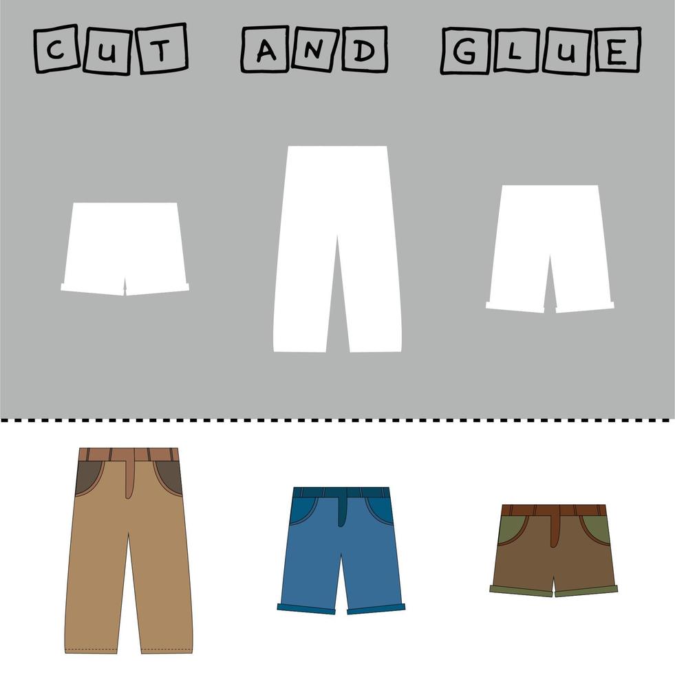 Vector illustration of wear with shadows. paper game for the development of preschoolers. Cut out parts of the image and glue pants, shorts, breeches. Fun game for kids and kids