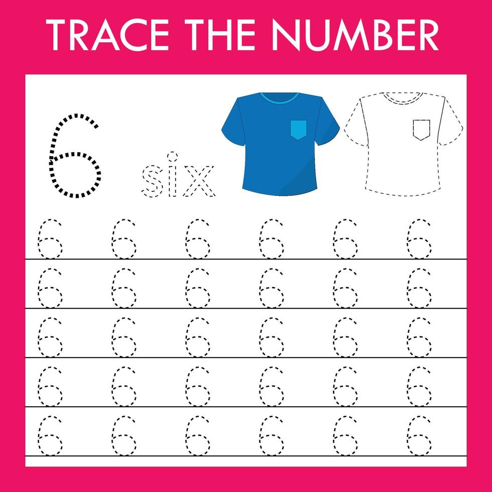 Number  six stroke worksheet with t shirt  for fine motor skills kids. Educational game for preschoolers. vector