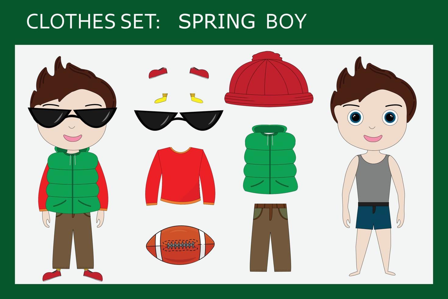 A set of clothes for a little cheerful boy for spring sweater, pants, vest, hat, sneakers, sunglasses. Outfit for a child in the spring vector