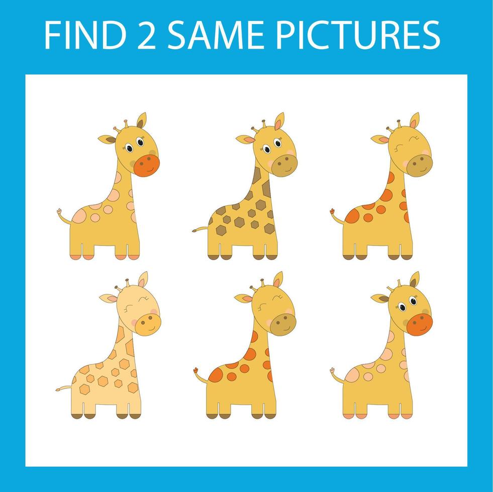 Find a pair game with funny  orange  giraffe.  Worksheet for preschool kids, kids activity sheet, printable worksheet vector