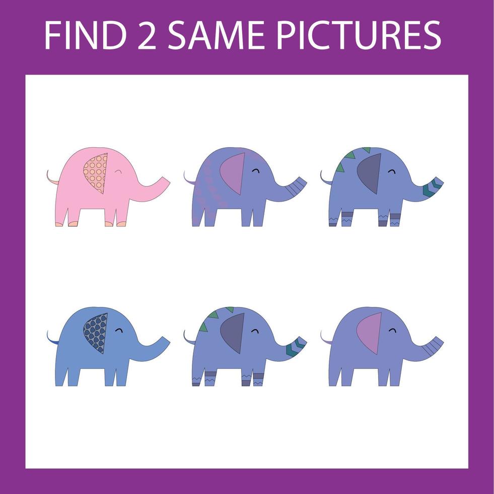 Find a pair game with funny  blue and pink elephant.  Worksheet for preschool kids, kids activity sheet, printable worksheet vector