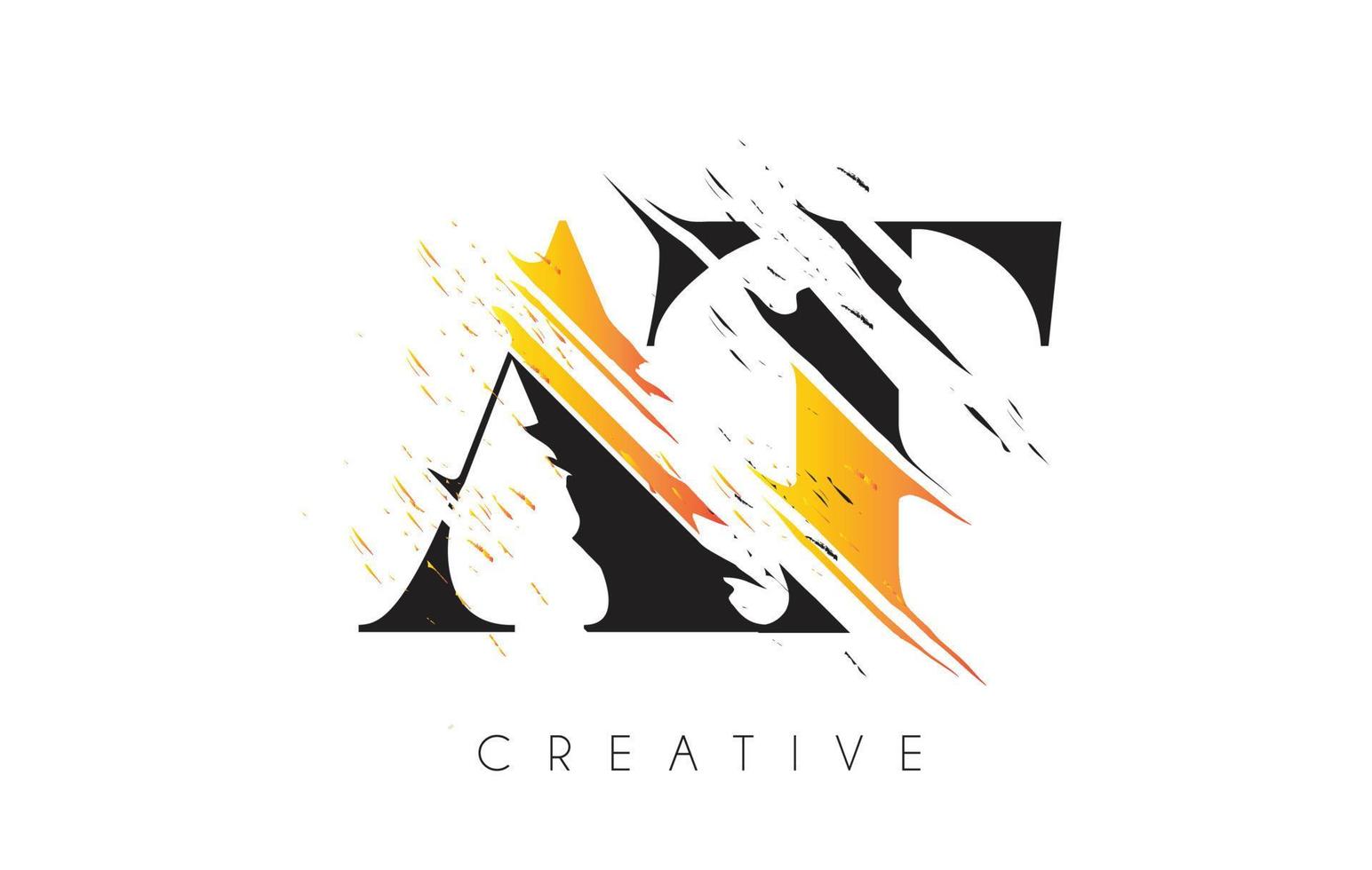 Black and Yellow AT Letter Logo with Vintage Grundge Drawing Design. Destroyed Cutted Letter Icon Vector. vector