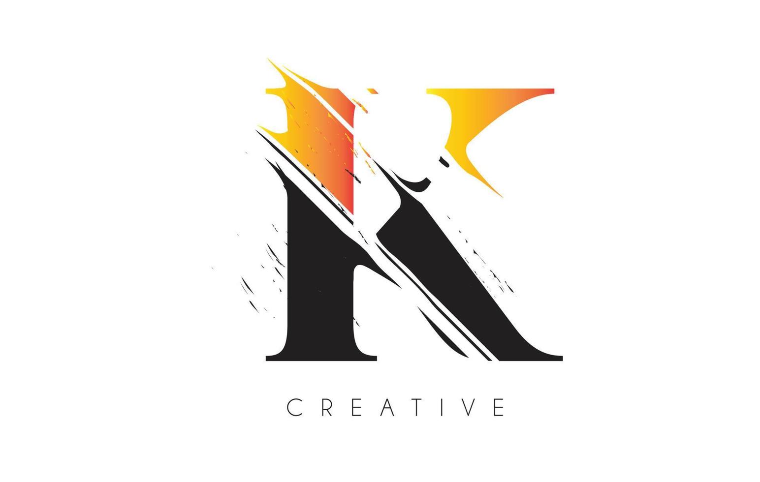 logotipo de letra k negra y amarilla con diseño de dibujo grundge vintage. vector de icono de letra cortada destruida.