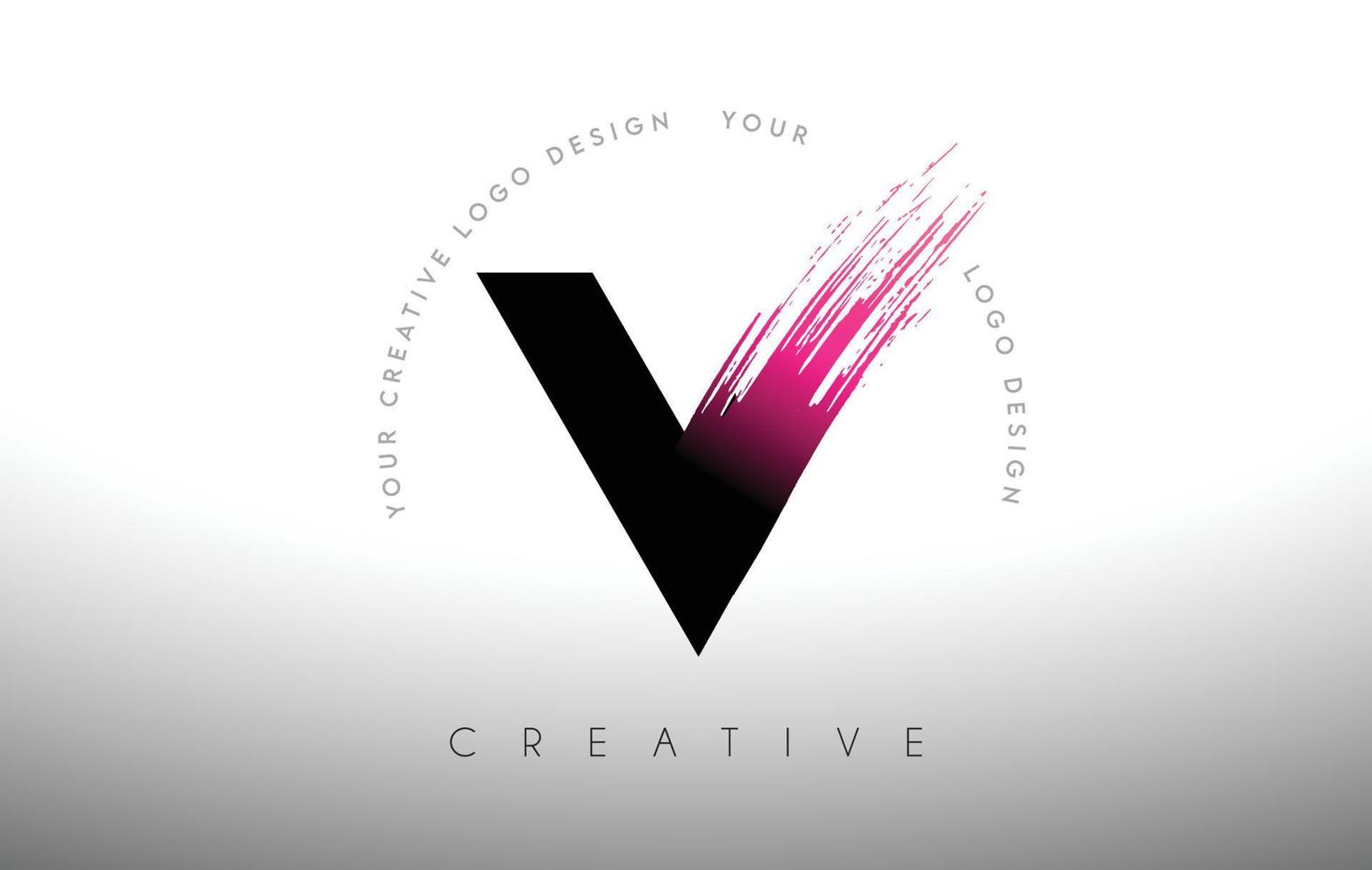 V Paint Brush Letter Logo Design with Artistic Brush Stroke in Black and Purple Colors vector