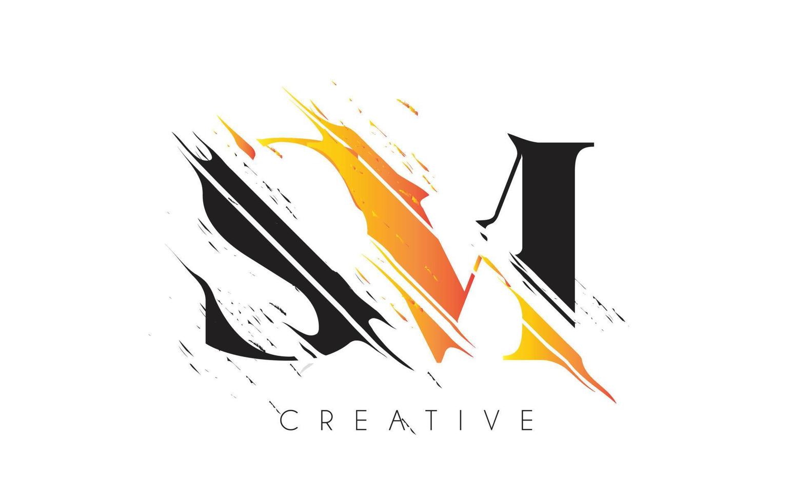 Black and Yellow SM Letter Logo with Vintage Grundge Drawing Design. Destroyed Cutted Letter Icon Vector. vector