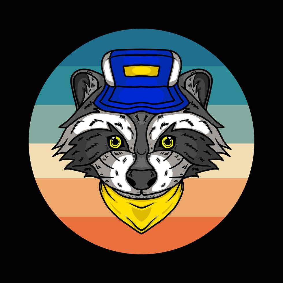 Retro Raccoon Wearing Hat and Bandana Vector Illustration