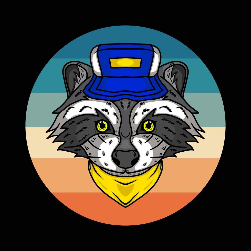 Retro Raccoon Wearing Hat and Bandana Vector Illustration