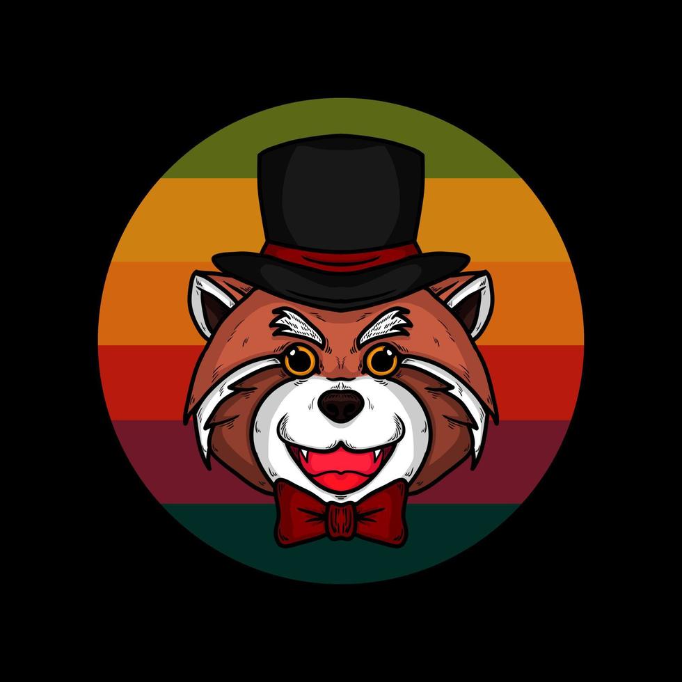 Retro Cute Red Panda Wearing Bow Tie Vector Illustration