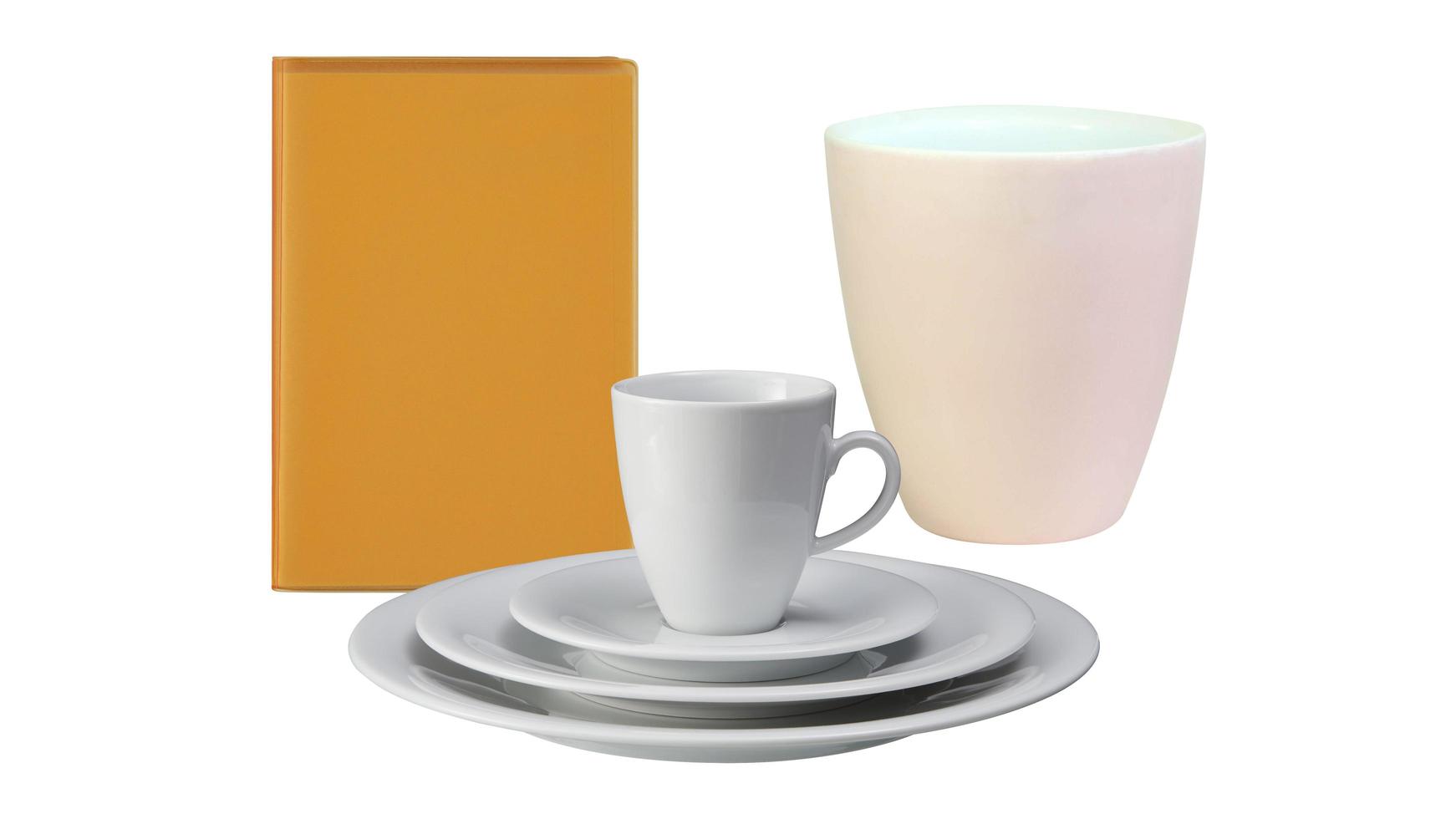 Set of clean empty white cup ceramic plates isolated on white background with clipping path photo